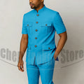 Men's Grey Mandarin Collar Suit Set Short Sleeves Multi-Pocket Jacket and Trousers Fashion Formal Smart Casual Wedding Suits