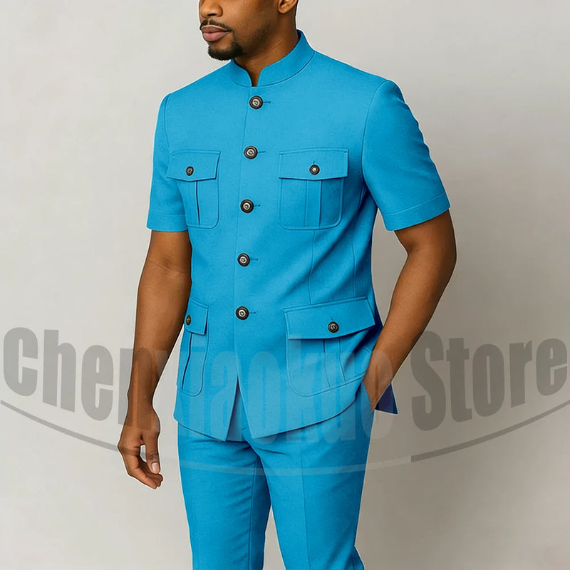 Men's Grey Mandarin Collar Suit Set Short Sleeves Multi-Pocket Jacket and Trousers Fashion Formal Smart Casual Wedding Suits