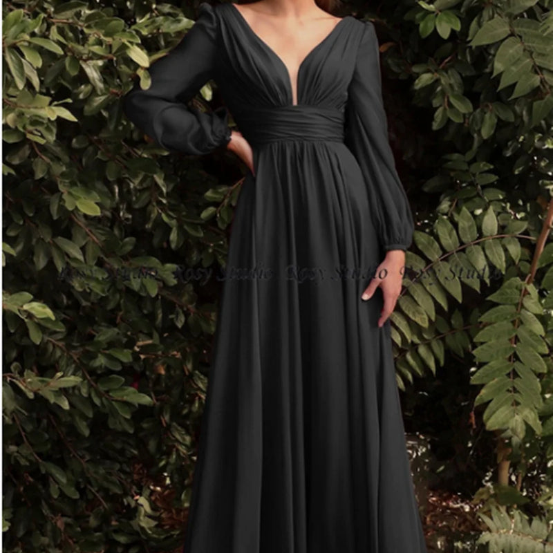 New Simple V Neck Long Bridesmaid Dresses with Sleeves | SAMAG