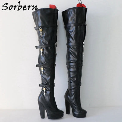Sorbern Black Long Boots Women With Locks Red Tongue | SAMAG