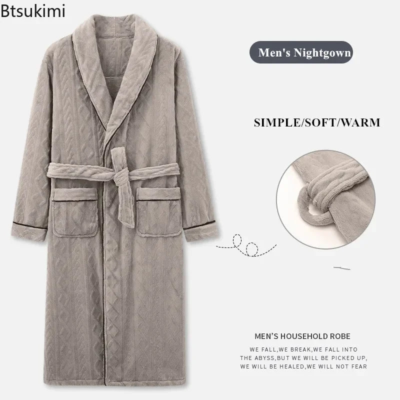2026 Men's Autumn Winter Flannel Pajama Robes Thickened Warm Lace Up Bath Robes Men Loose Lounge Homewear Coral Fleece Nightgown