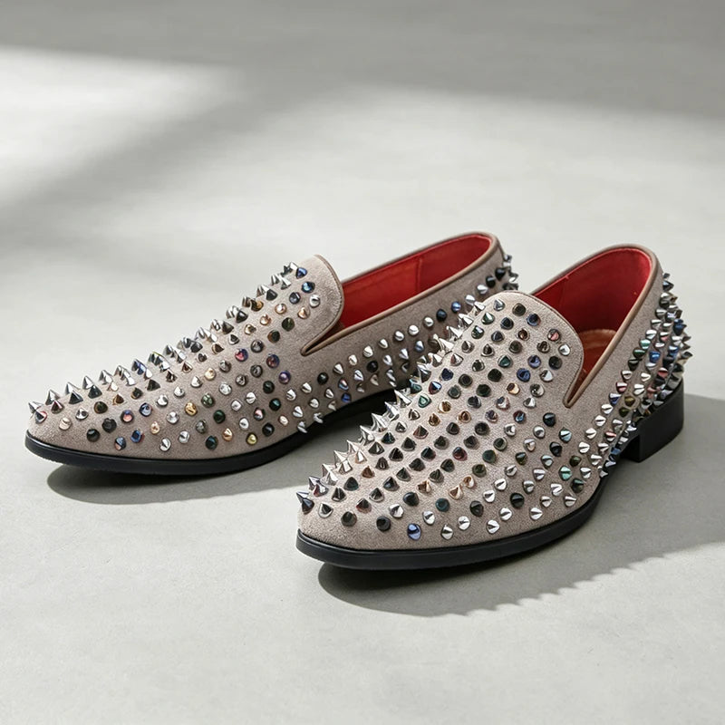 Luxury Fashion Genuine Leather Men’s Dress Shoes Rivet Rhinestone Patchwork Casual Shoes Male Flats Loafers Homecoming Wedding Dress Prom Zapatillas Hombre