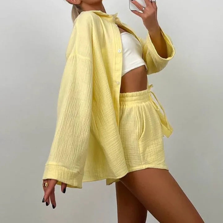 2025 Spring Women's Long Sleeve Solid Color Shirt and Shorts Casual Suit, Suitable for Commuting and Leisure Streetwear