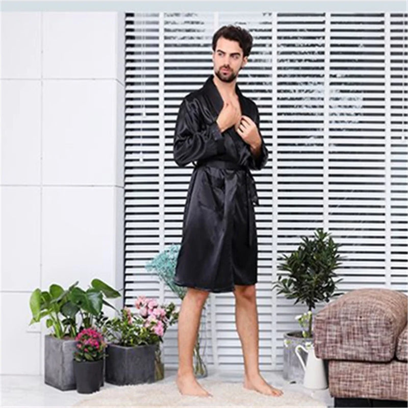 2025 Summer Men's Thin Pajamas Robes Men Homewear Long Sleeve Kimono Bathrobe Black Silk Sleepwear Male Shower Robe Nightwear
