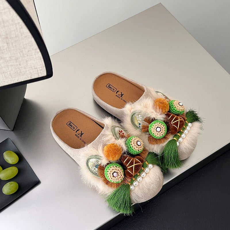 Women Chinese Style Lion Head Slippers Vintage Ethnic Open Toe Clogs Plush Warm Indoor Outdoor Casual Fashion Slide Footwear