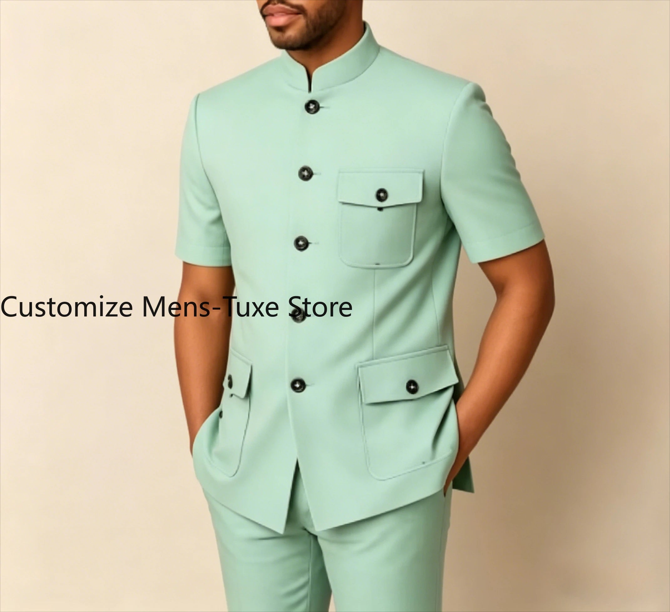 Mint Green Men's Suits Customzied Solid Color Short Sleeve Blazer Slim Fit 2 Piece Jacket Pants Outfist Costume Homme