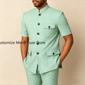 Mint Green Men's Suits Customzied Solid Color Short Sleeve Blazer Slim Fit 2 Piece Jacket Pants Outfist Costume Homme