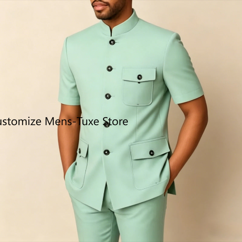 Mint Green Men's Suits Customzied Solid Color Short Sleeve Blazer Slim Fit 2 Piece Jacket Pants Outfist Costume Homme