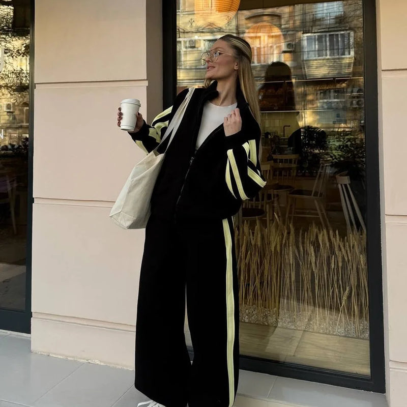 Women's Fashion Cotton Sport Tracksuit With Casual Pant Stripes Zipper Hoodies Cardigan High Waist Trouser 2 Piece Autumn Outfit