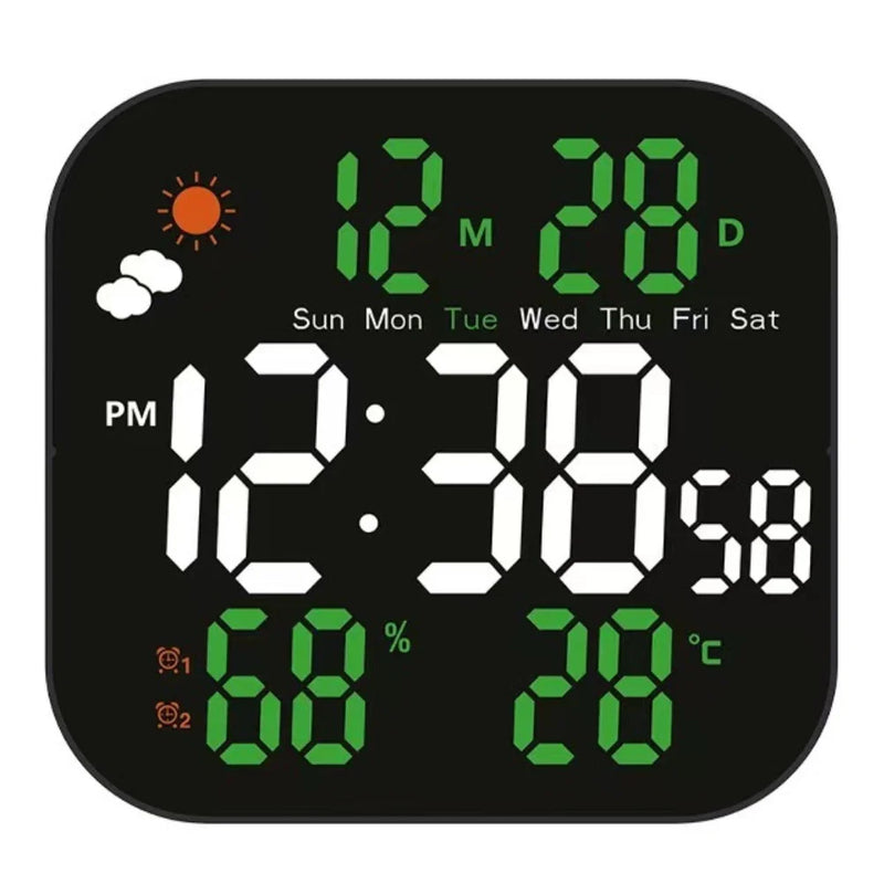 Wall Mountable Electronic Clock with Large Screen Real Time Temperature Humidity Readings Weather Forecast Green White
