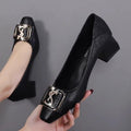 2026 New Women's Square Toe Chunky High Heels - Rhinestone Metal Buckle Commuter Pumps, Elegant Mid Heel Office Pumps