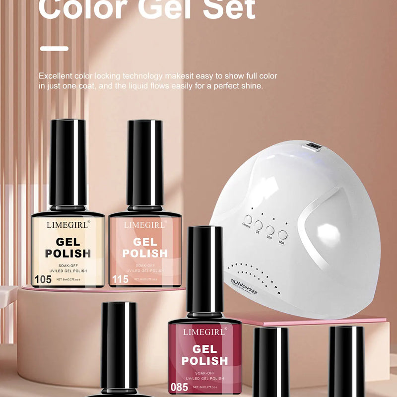 Gel Nail Polish Set for Beginner 6 PCS 8ML Glitter Art Gel Varnish with Base Coat Top Coat and UV Lamp for Manicure Salon Tools