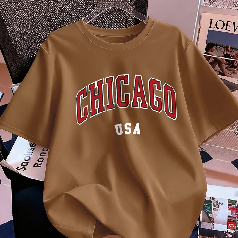 Chicago Usa Letter Printing T-Shirt Women Cotton Summer Short Sleeve Tops Comfortable Soft O-Neck T Shirt Casual Womans Clothes