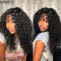 UNice Pre Cut Pre Bleached Boho Curly Wig With Bangs Natural Black 4x2 Lace T Part 100% Human Hair Glueless Drawstring Wig