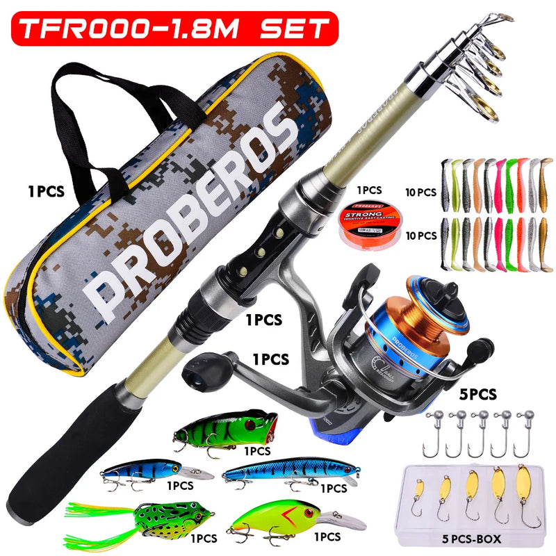 Proberos Fishing Pole Set Full Kits With Telescopic Fishing Rod And Spinning Reel Baits Hooks Travel Pole Set