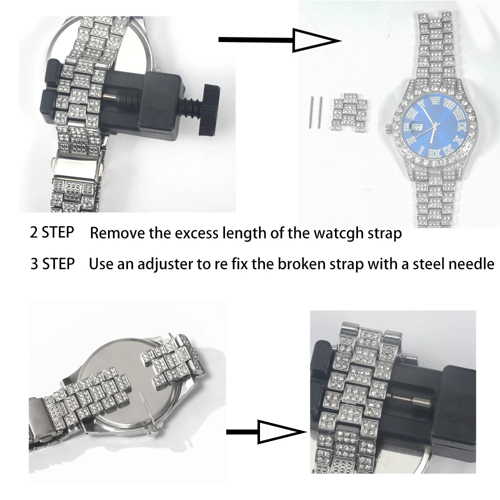3pcs Men's Silver Watch Set Hip-hop Punk Inlay Diamond Watch+Cuban Chain+Bracelet Comes With Strap Adjuster Stylish Jewelry Gift
