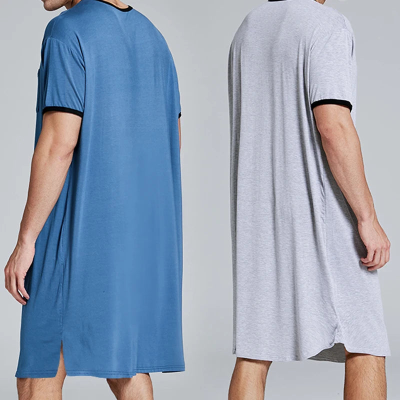 Men's Short Sleeve Thin Lengthened Leisure Pajamas Loose Skin Friendly Stretchy Robes Homewear Bathrobes Vintage Nightgown M-3XL