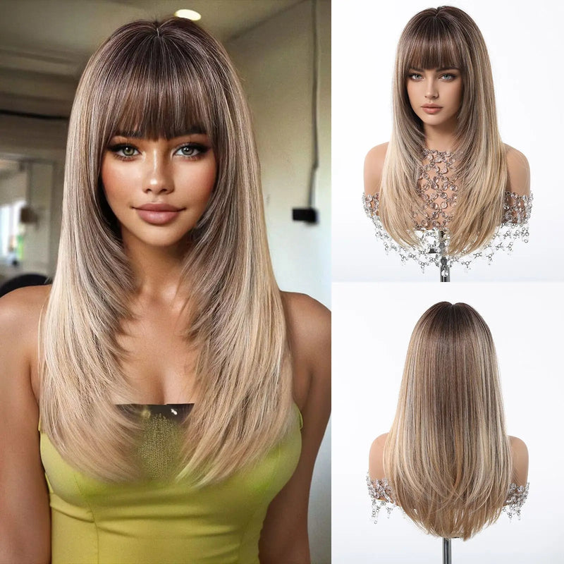 EASIHAIR Medium Length Wavy Blonde Synthetic Wig With Bangs For Women Natural Wigs Hair Heat Resistant Daily Party Cosplay Use