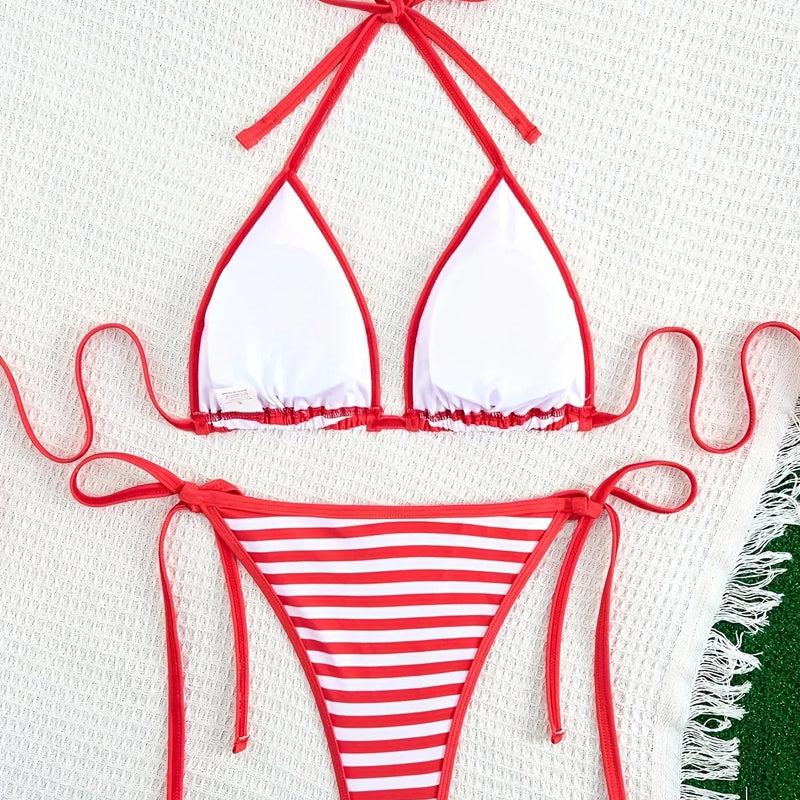 /a set Y2K Kawaii Hello Kitty Halter Bikini, Red Striped | SAMAG