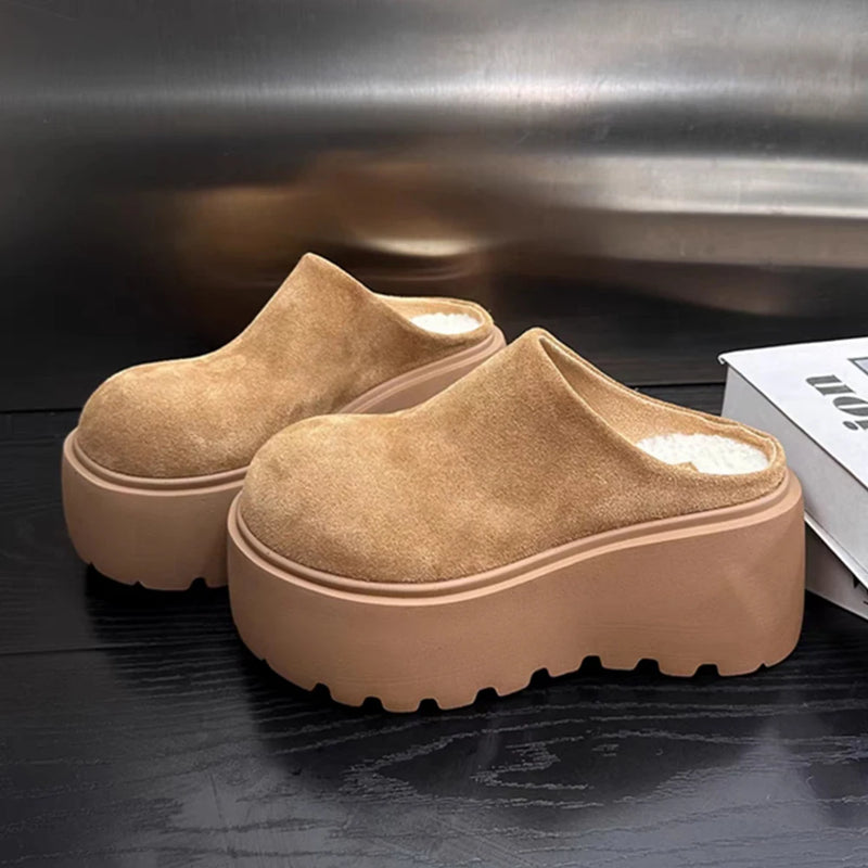 Women's Suede Platform Mules Round Toe Thick Chunky Sole Cotton Lined Warm Clogs Backless Slides Casual Height Increasing Shoes