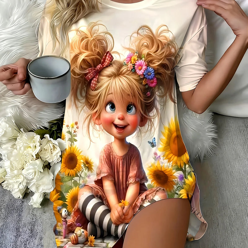 Cute Cartoon Printed Crew Neck Short Sleeve Night Dress | SAMAG