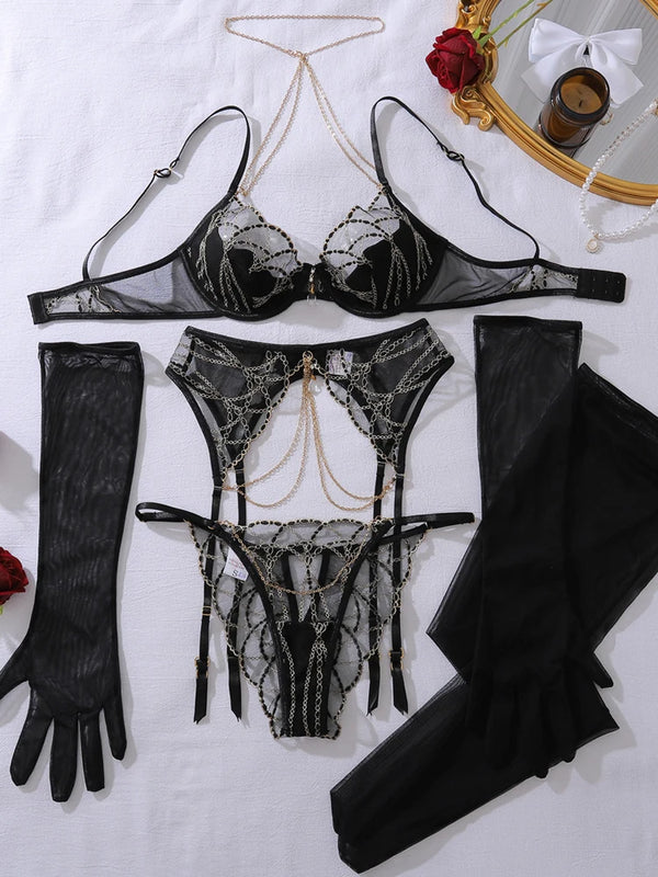 Luxury Halter-Neck Lingerie Set with Metal Chain Decoration See-Through Heavy Embroidery Body-Shaping Sexy Five-Piece Ensemble