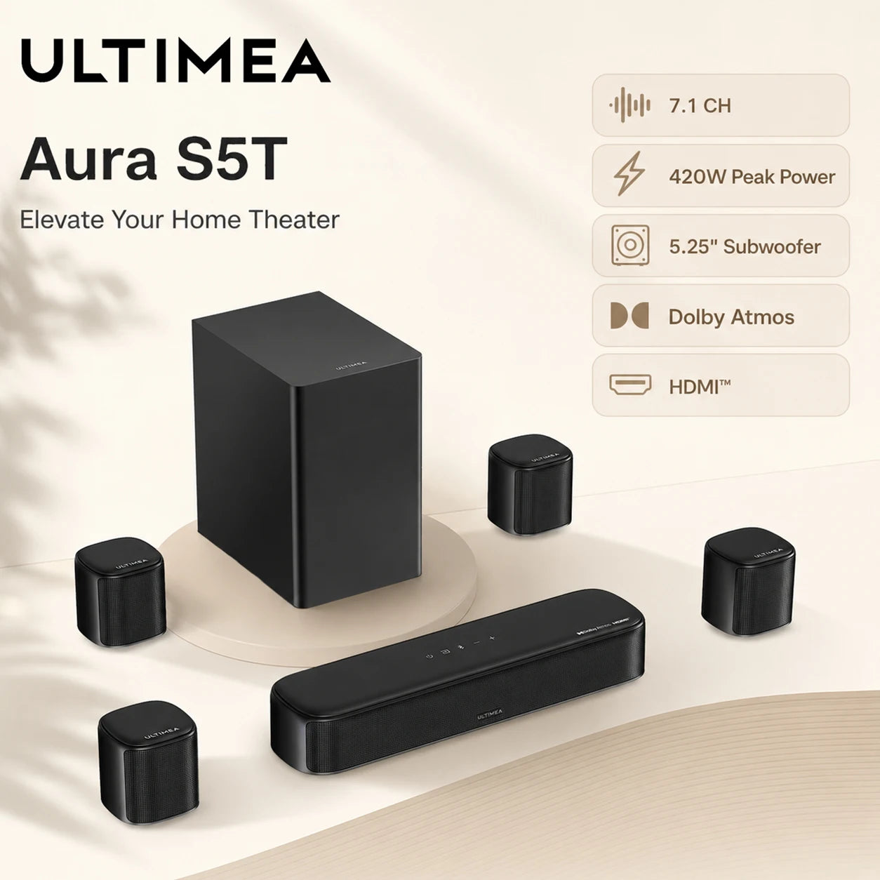 ULTIMEA 7.1ch Soundbar with 5.25" Subwoofer&4 Surround Speakers, Sound Bar for TV with Dolby Atmos&APP Control, VoiceMX, BassMX