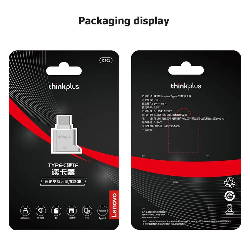 Lenovo Thinkplus USB C Type-C Micro SD Card Reader Memory Card Mini Metal TranFlash Adapter TF Card Reader For Type C Phone