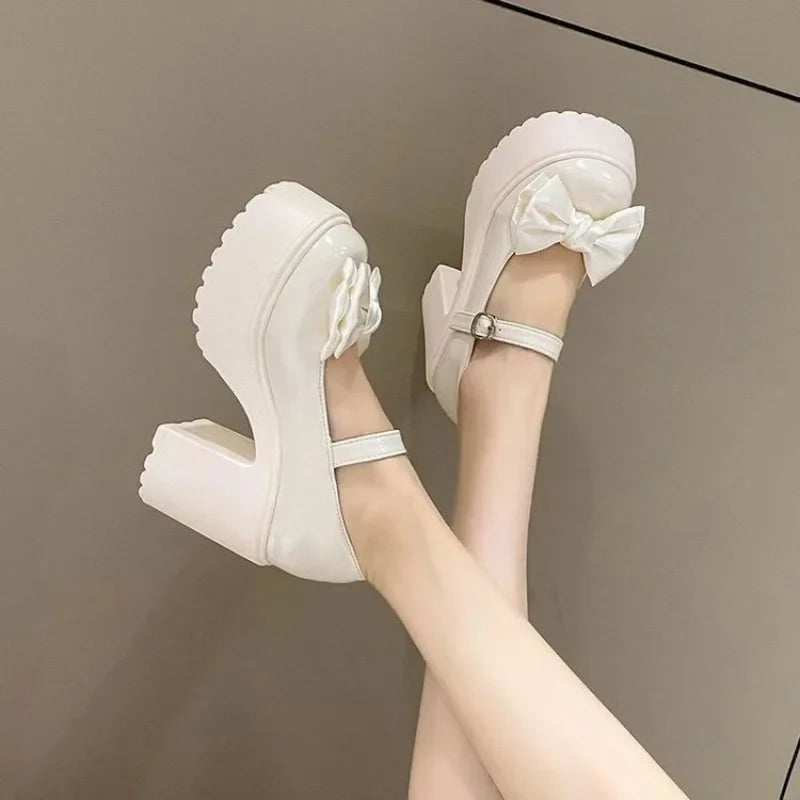 White Round Toe Platform High Heels Women Mary Jane Shoes Retro Bows Elegant Chunky Heel Women's Wedding Shoes