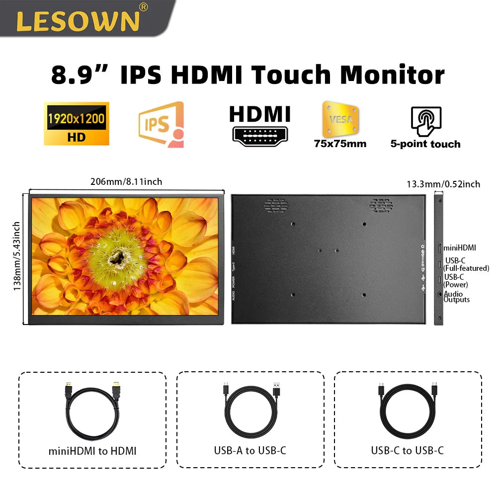 LESOWN 8.9 Inch IPS Monitor Plug and Play HDTV Screen for PC Desktop Gaming Second Display Panel Driver-free Easy Setup
