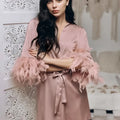 White Feather Robe With Fur Full Sleeves Sleepwear Satin | SAMAG