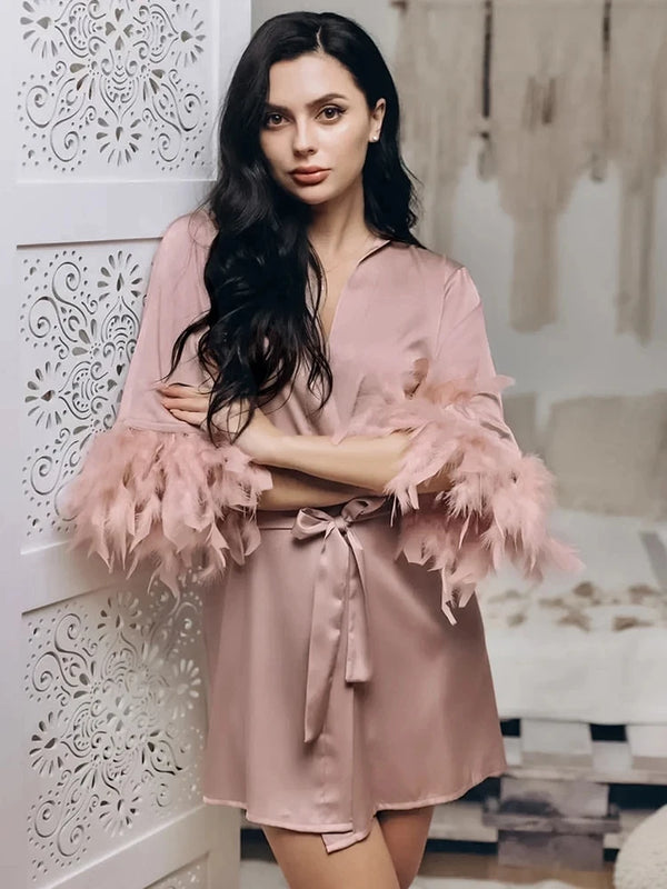 White Feather Robe With Fur Full Sleeves Sleepwear Satin | SAMAG