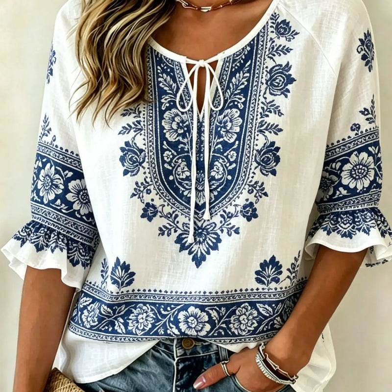 Women's Black Purple Floral Print Tie Neck Blouse, Casual - View 8 | SAMAG