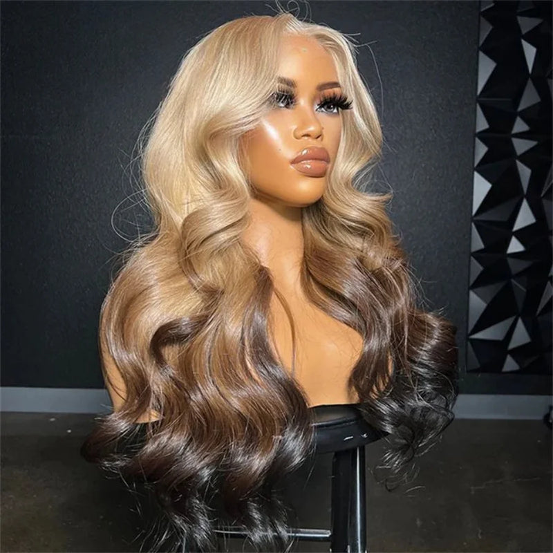 Red Black With Blonde Highlight 13X6 Lace Front Wig Body Wave Synthetic Glueless pre plucked With Baby Hair Lace Frontal Hair
