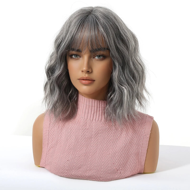 Short Silver Gray Curly Wavy Synthetic Wigs with Bangs for Women Grey Bob Cosplay Party Lolita Natural Hair Wig Heat Resistant