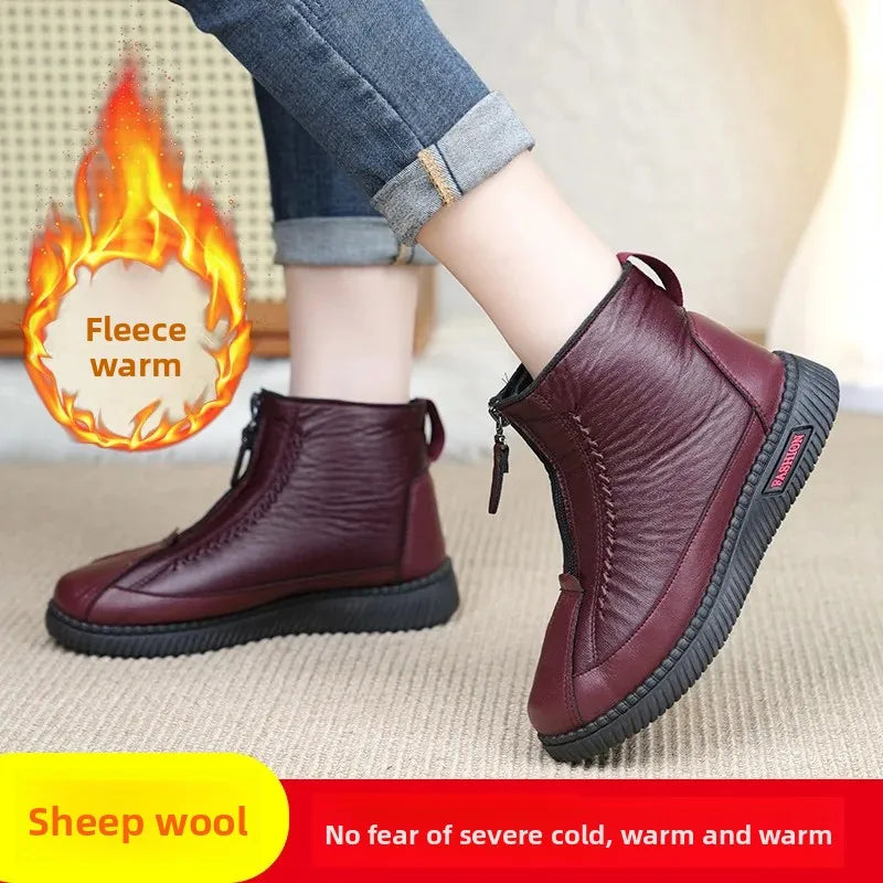 Beijing Winter Women's Cotton Boots Warm Fleece Lined Soft Bottom Snow Boots Anti Slip Shoes for Middle Aged And Elderly Mothers