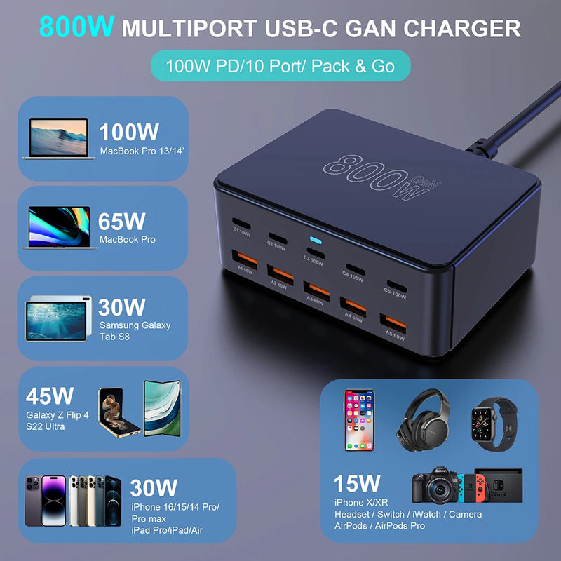 800W USB C GaN Charger 100W PD3.0 PPS QC3.0 10-Port Fast Charging Station for iPhone 16/15 Samsung MacBook Pro Laptops Tablets