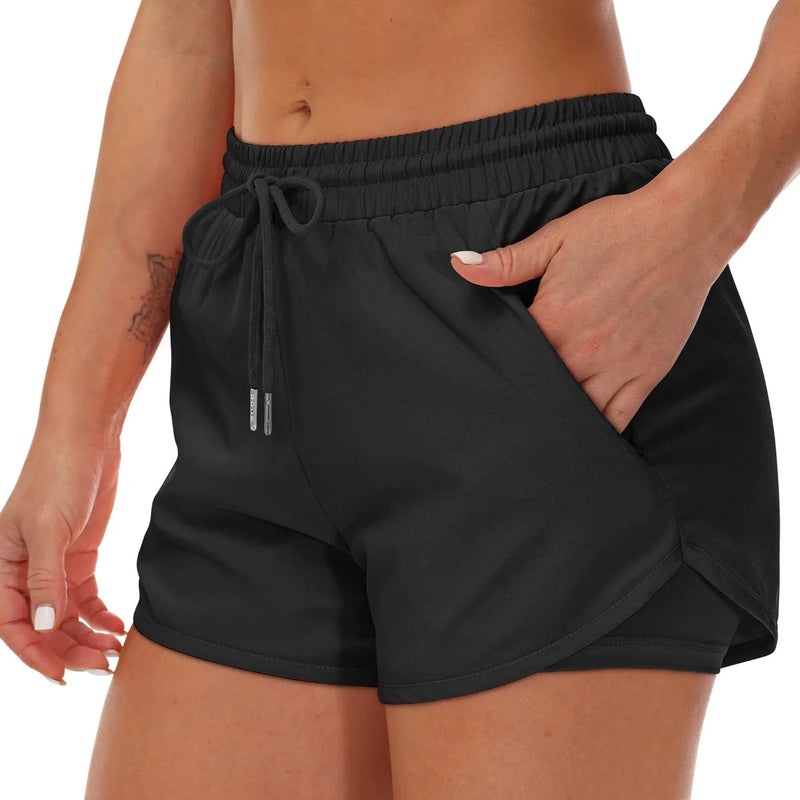 Women's Yoga Shorts, Fake Two-Piece Shorts, High-Waist Drawstring Style, Fake Yoga Running