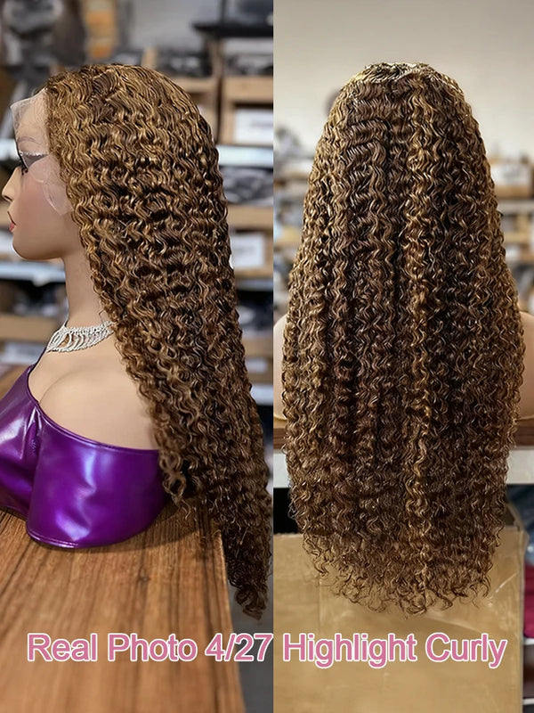 40 44 Inch Curly Highlight Wig Human Hair Deep Wave 13x6 HD Frontal Wig 4/27 Honey Blond 13x4 Water Wave Lace Front Wigs Raw Human Hair Wigs For Black Women 250% Pre Plucked Natural Hairline
