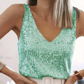 Women‘s Summer Fashion Deep V Neck Sequined Tank Top Stylish Sleeveless Polyester Top Sparkly Club Party Vest Blouses