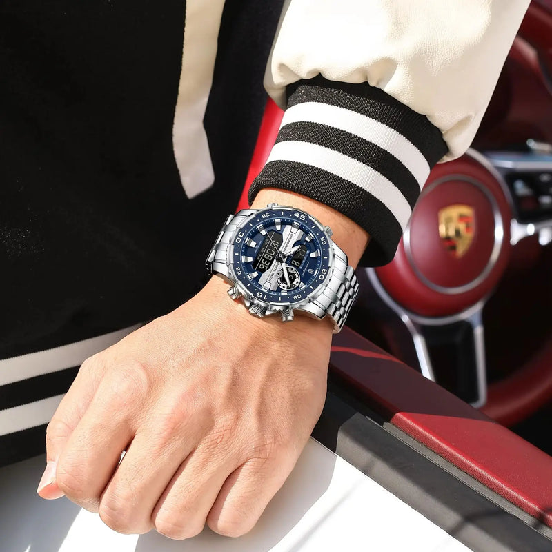 POEDAGAR Top LED Man Clock Waterproof Electronic Luxury Men's Watches Dual Time Display Digital Stainless Steel Men Quartz Watch