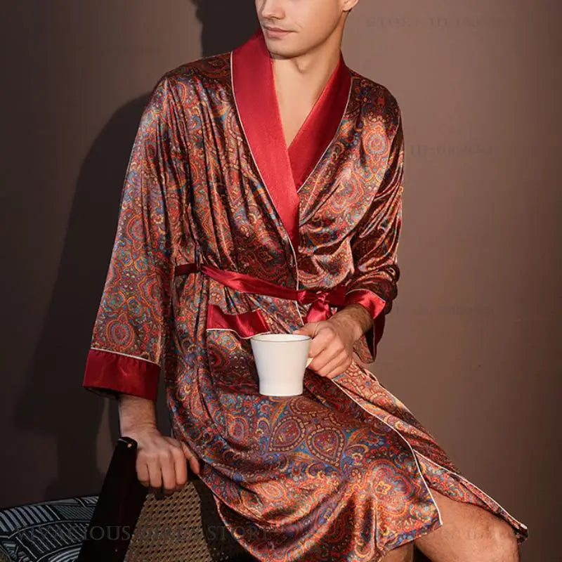 Pajama Men's Robe Kimono Gown Bathrobe with Pockets Print Sleepwear Home Clothing Spring Autumn Satin Nightwear Loose Loungewear