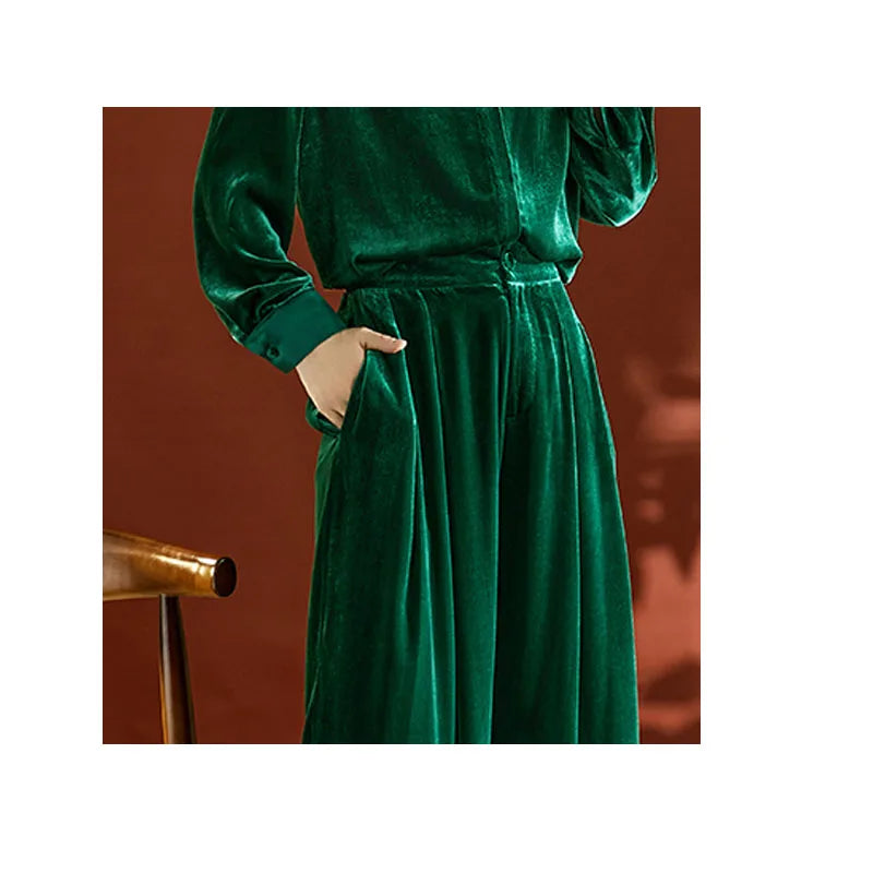 Silk Velvet Spring Autumn Ladies Set Long Sleeves and Trousers Two Pieces Elegant Temperament Light Luxury Outdoor Women's Wear
