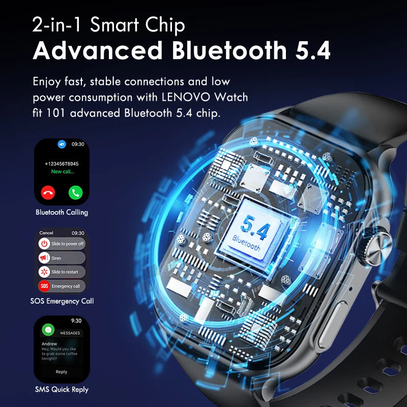 Lenovo 2026 Smart Watch 1.96" HD AMOLED Display Heart Rate Health Monitoring Bluetooth Voice Callings Smartwatch For Android IOS
