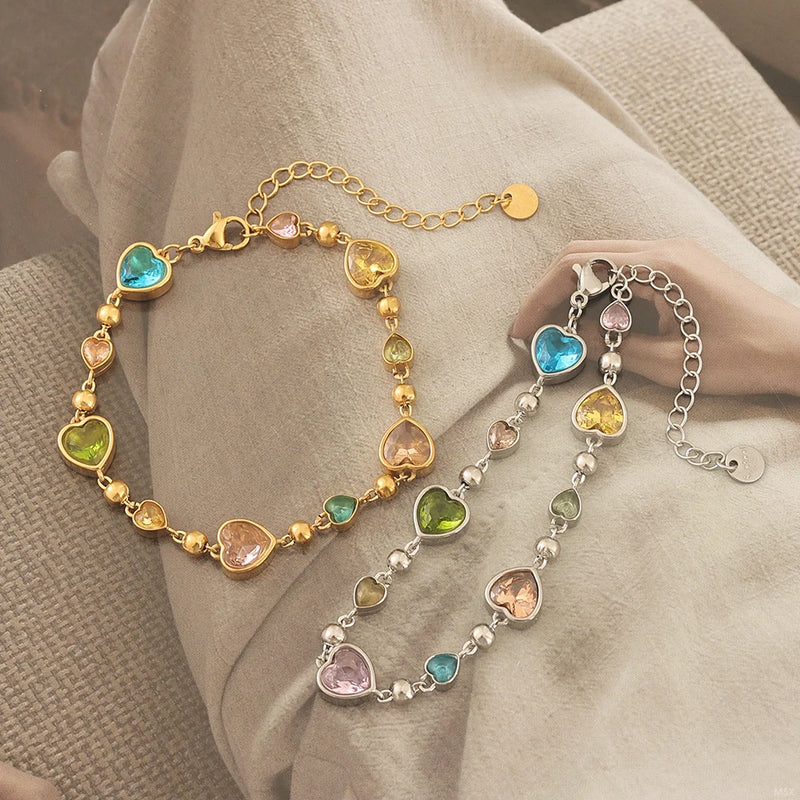 JOVO LOVE Colorful Lover Album Heart Crystal Bracelet for Women Stainless Steel Exquisite Metal Chain Bangles Popularity Jewelry