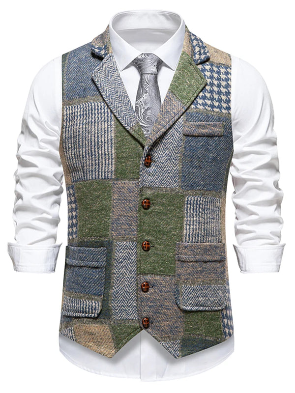 Green Men Vest Tweed Plaid Waistcoat Slim Fit Lapel Plaid Suit Vest Herringbone vintage Vest For Wedding Groomsmen vest heren