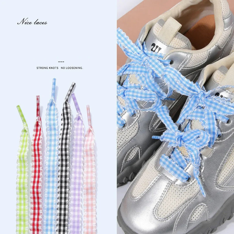 Gingham Ribbon Shoelaces Wave Edge Plaid Flat Shoe Laces Decorative Replacement Laces For Sneakers Casual Shoes