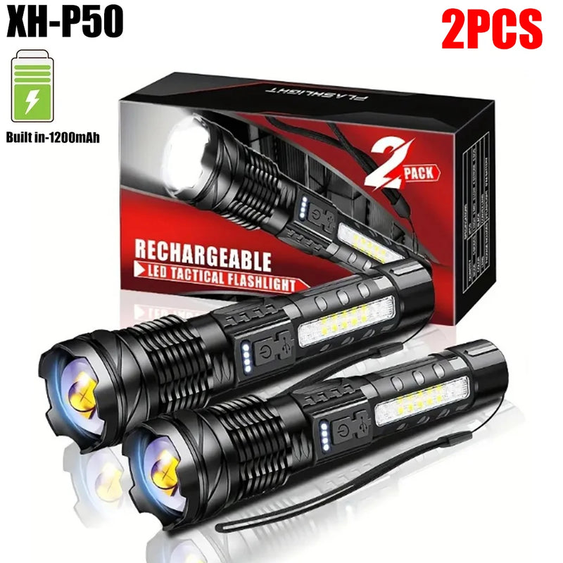Powerful XHP50 LED Flashlight 18650 Torch Waterproof with Side Light 7 Modes USB Rechargeable Zoom Lamp for Camping Fishing