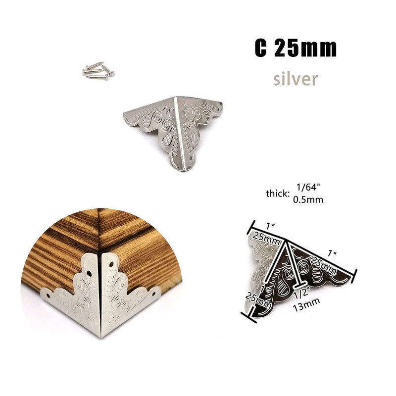 12pcs Decor Corner Protector Cover for Jewelry Chest Wine Gift Box Wooden Case Suitcase Antique Brass Bronze Golden Silver DIY
