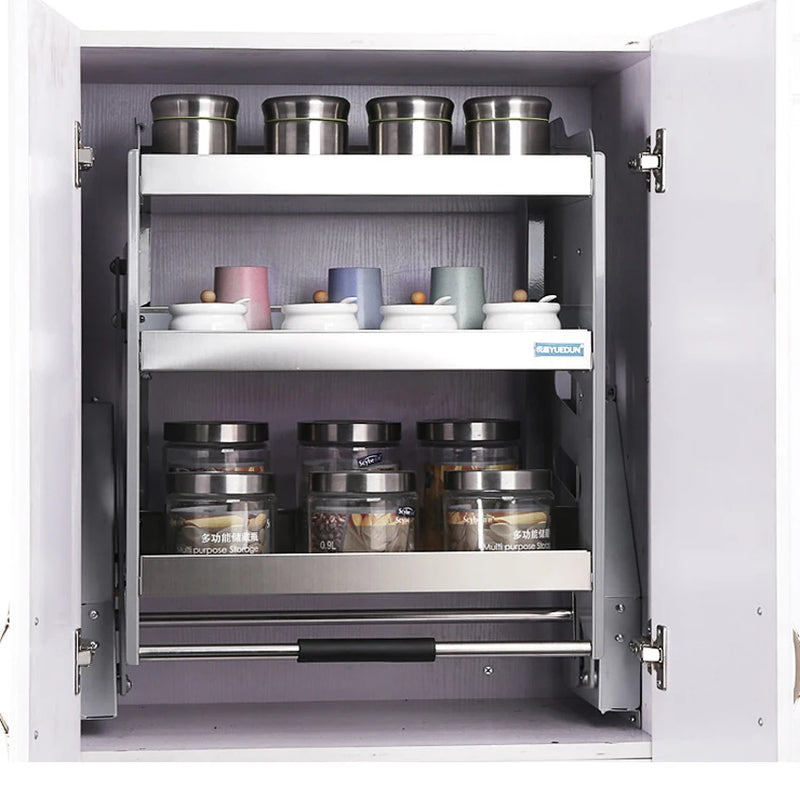 3 layers Wall Cabinet Lift Pull Basket Kitchen Stainless Steel Drawer Seasoning Bottle Storage Racks - View 2 | SAMAG